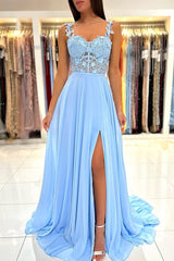 Baby Blue Sweetheart A-Line Long Prom Dress with Split and Lace