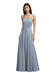 Babyonlines Long A-line V-neck Backless Satin Bridesmaid Dresses-Babyonlines