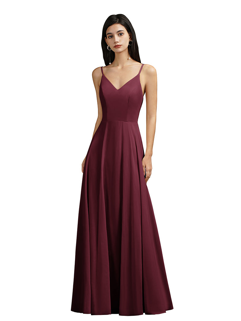 Babyonlines Long A-line V-neck Backless Satin Bridesmaid Dresses-Babyonlines