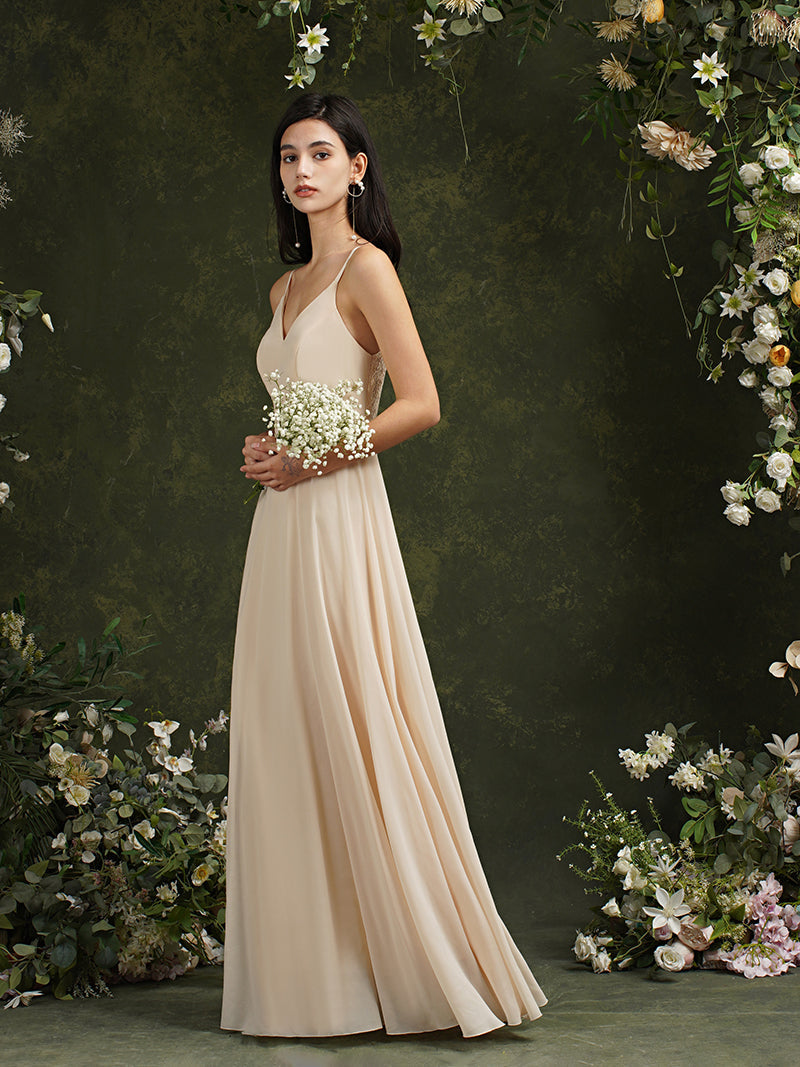 Babyonlines Long A-line V-neck Backless Satin Bridesmaid Dresses-Babyonlines