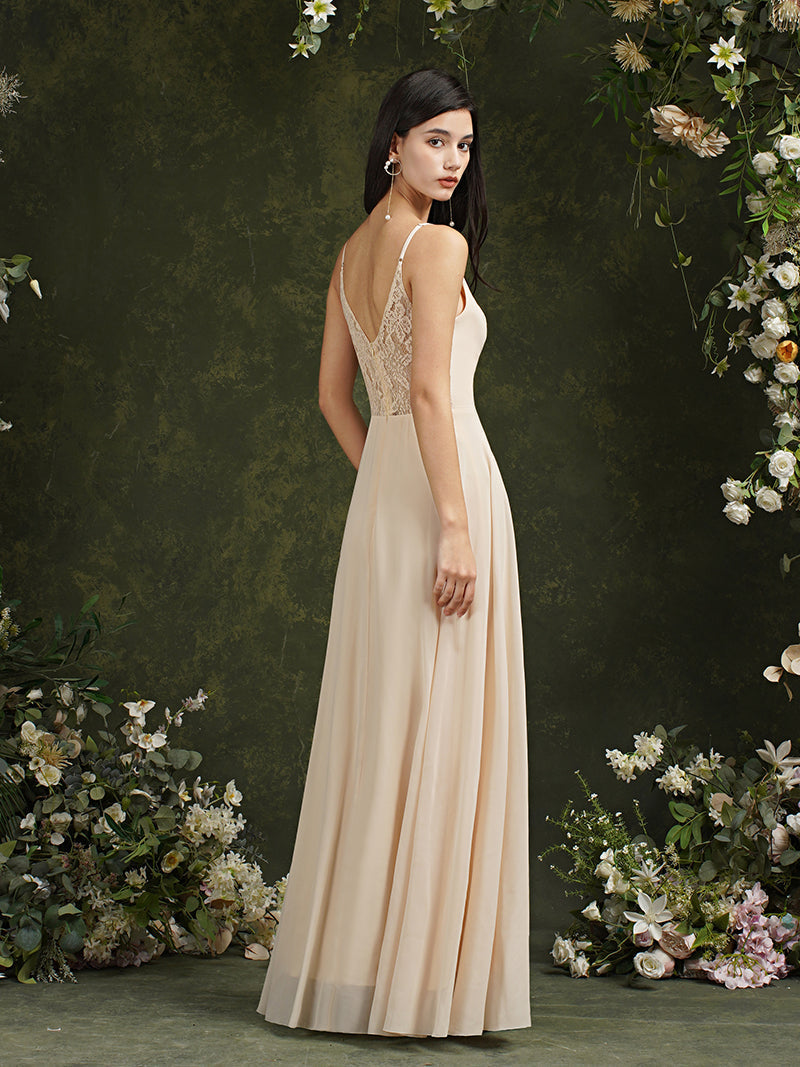 Babyonlines Long A-line V-neck Backless Satin Bridesmaid Dresses-Babyonlines