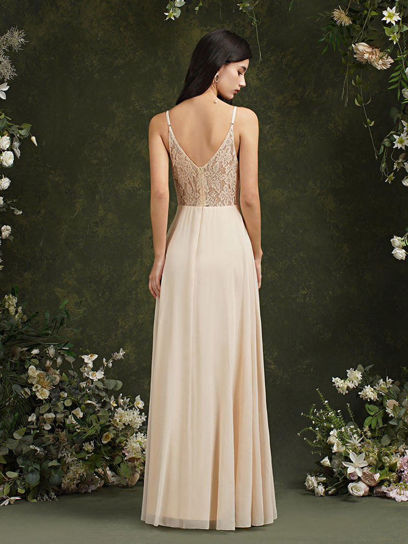 Babyonlines Long A-line V-neck Backless Satin Bridesmaid Dresses-Babyonlines