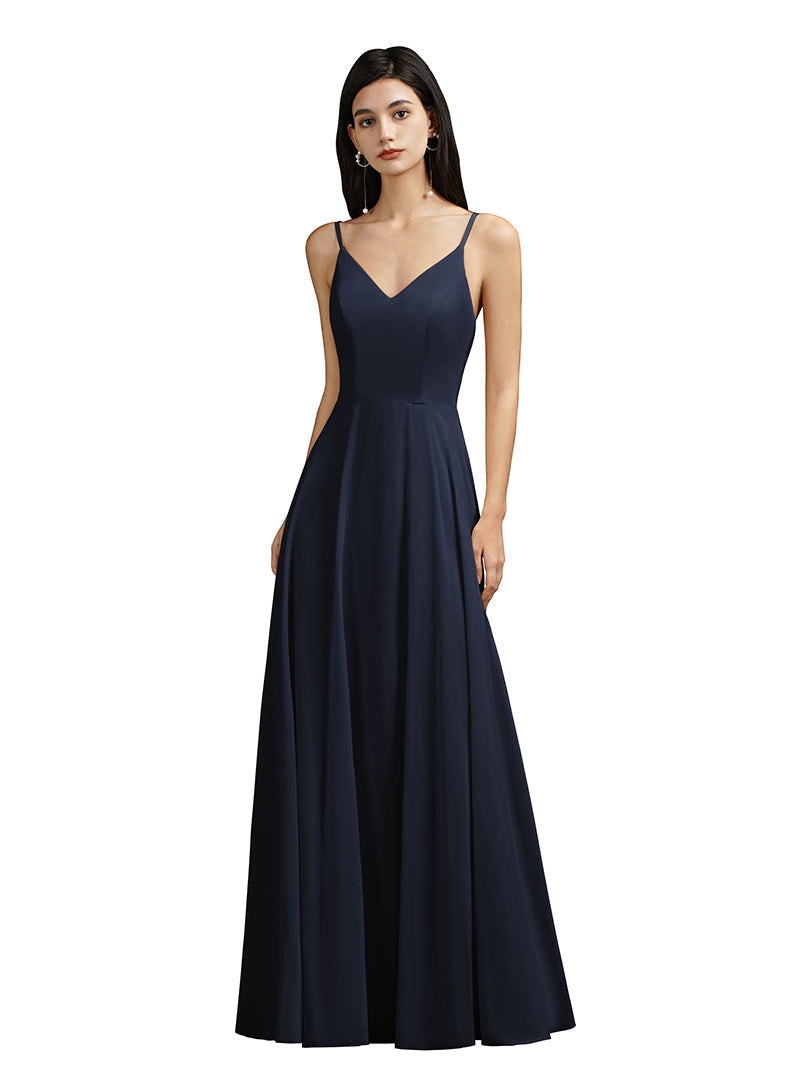 Babyonlines Long A-line V-neck Backless Satin Bridesmaid Dresses-Babyonlines