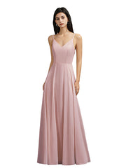 Babyonlines Long A-line V-neck Backless Satin Bridesmaid Dresses-Babyonlines