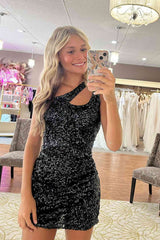 Backless One Shoulder Blue Sequins Mini Homecoming Dress
