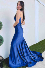 Backless Royal Blue Scoop Neck Mermaid Satin Long Prom Dress