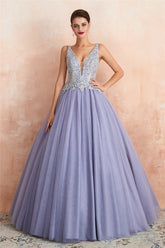Ball Gown Appliqued Lavender Prom Dress with Beading