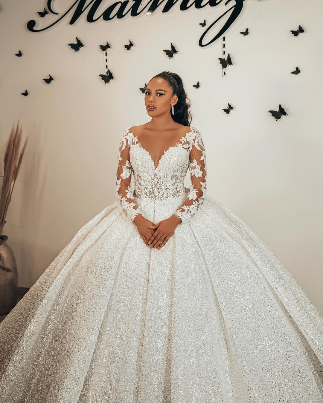 Ball Gown Sweetheart Long Sleeve Wedding Dress with Ruffles, Lace Appliques, and Sequins