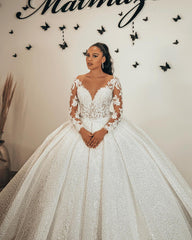 Ball Gown Sweetheart Long Sleeve Wedding Dress with Ruffles, Lace Appliques, and Sequins