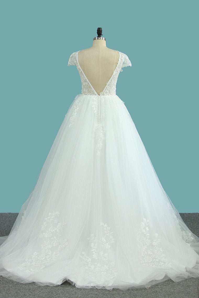 Bateau A-Line Backless Floor-Length Wedding Dress with Lace Appliques and Tulle