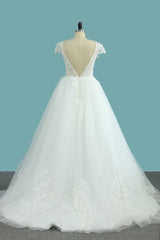 Bateau A-Line Backless Floor-Length Wedding Dress with Lace Appliques and Tulle
