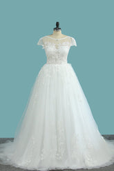 Bateau A-Line Backless Floor-Length Wedding Dress with Lace Appliques and Tulle