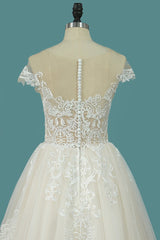 Bateau A-Line Wedding Dress Floor-length With Ruffles Tulle Appliques Lace