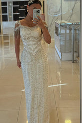 Sweetheart Tulle Beaded Long Mermaid Formal Evening Dresses with Cap Sleeves