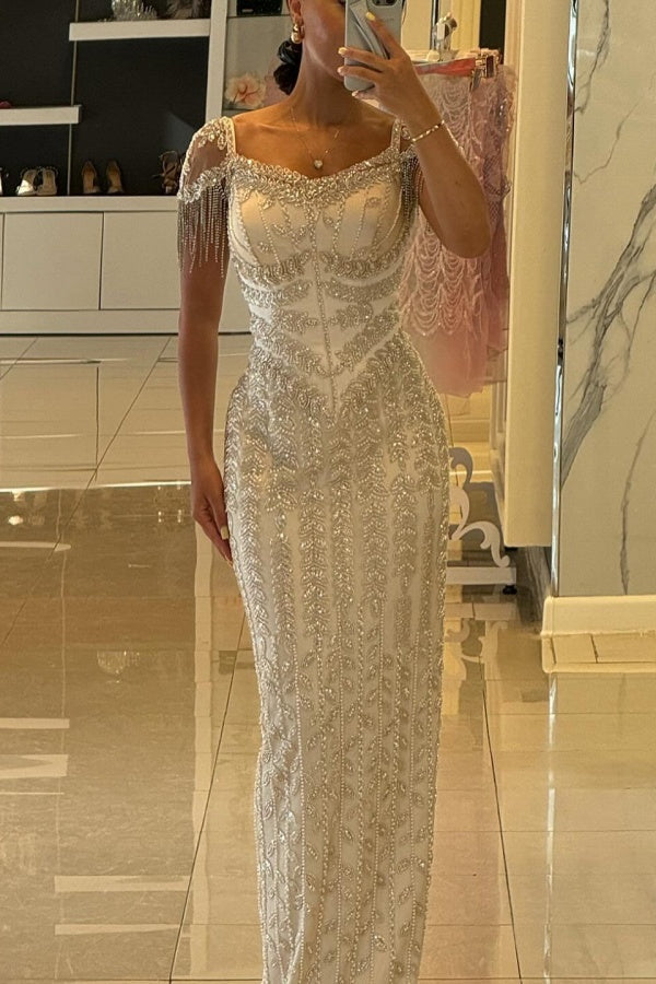 Sweetheart Tulle Beaded Long Mermaid Formal Evening Dresses with Cap Sleeves