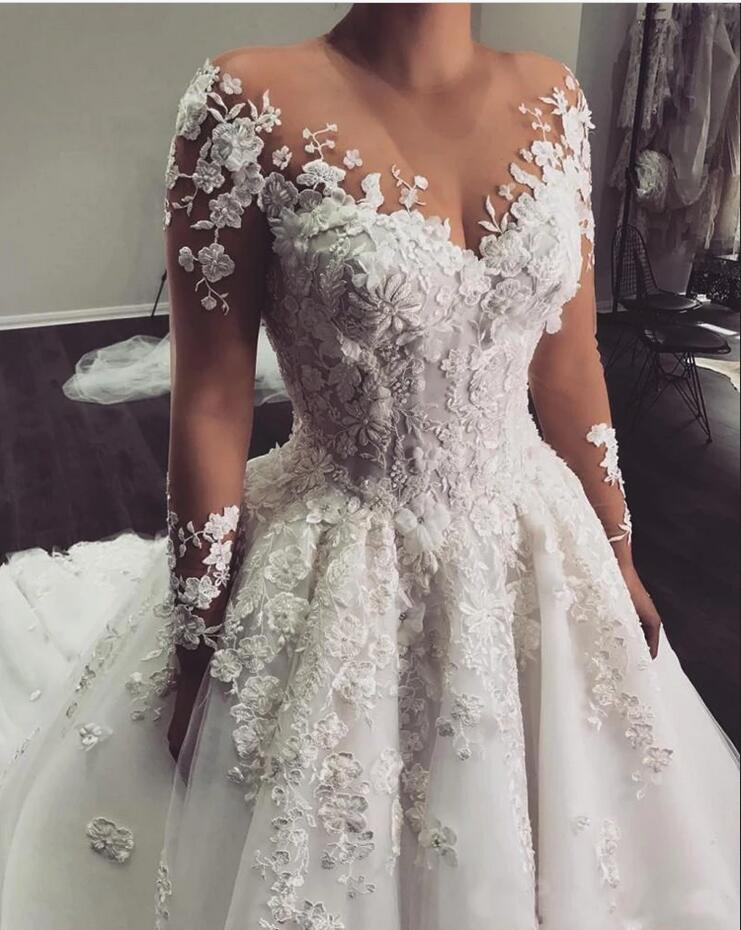 Bateau Long Sleeve A-Line Floor-Length Wedding Dress with Lace Appliques