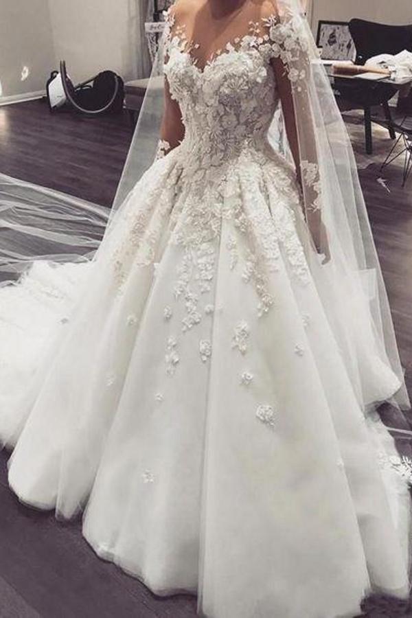 Bateau Long Sleeve A-Line Floor-Length Wedding Dress with Lace Appliques