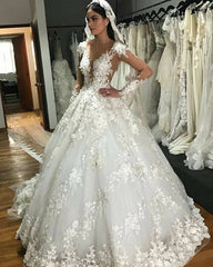 Bateau Long Sleeve Backless Floor-Length Princess Wedding Dress with Lace Appliques and Ruffles