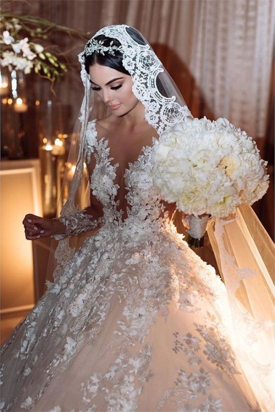 Bateau Long Sleeve Backless Floor-Length Princess Wedding Dress with Lace Appliques and Ruffles