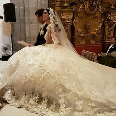 Bateau Long Sleeve Backless Floor-Length Princess Wedding Dress with Lace Appliques and Ruffles