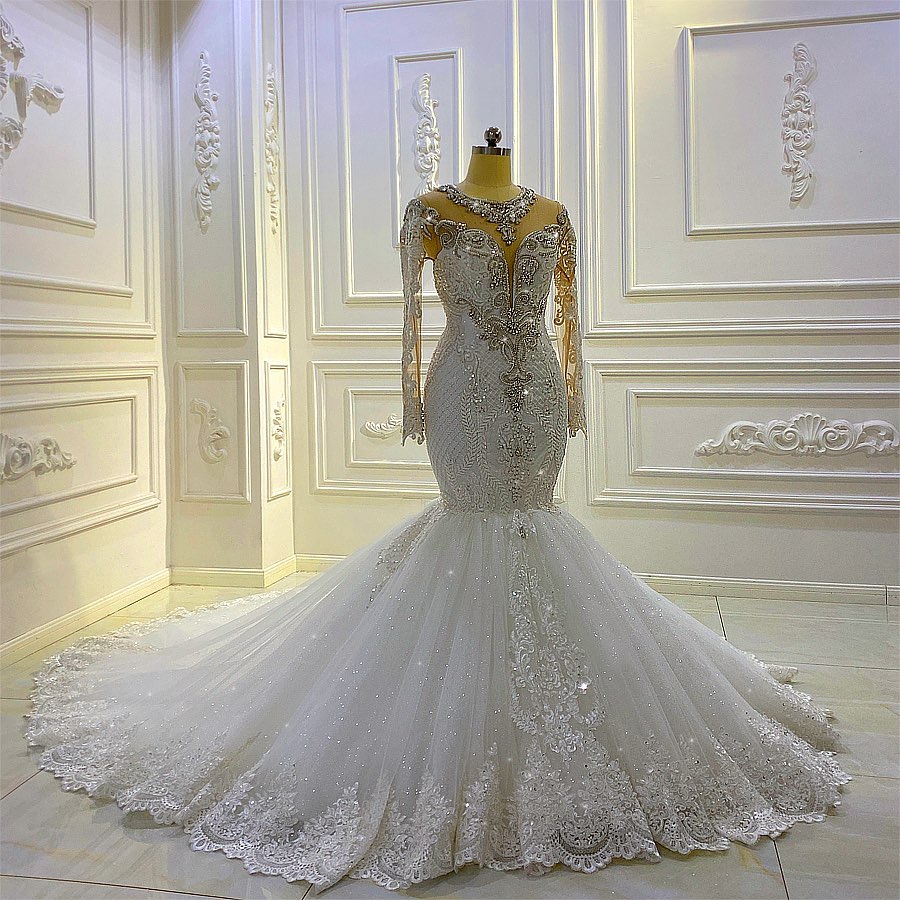 Bateau Long Sleeve Pearl and Sequin Mermaid Wedding Dress with Lace Appliques and Beadings