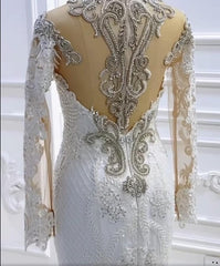 Bateau Long Sleeve Pearl and Sequin Mermaid Wedding Dress with Lace Appliques and Beadings