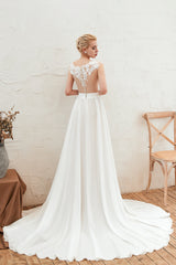 Bateau Neck A-Line Chiffon Wedding Dress with Lace Appliques, Ruffles, and Slit