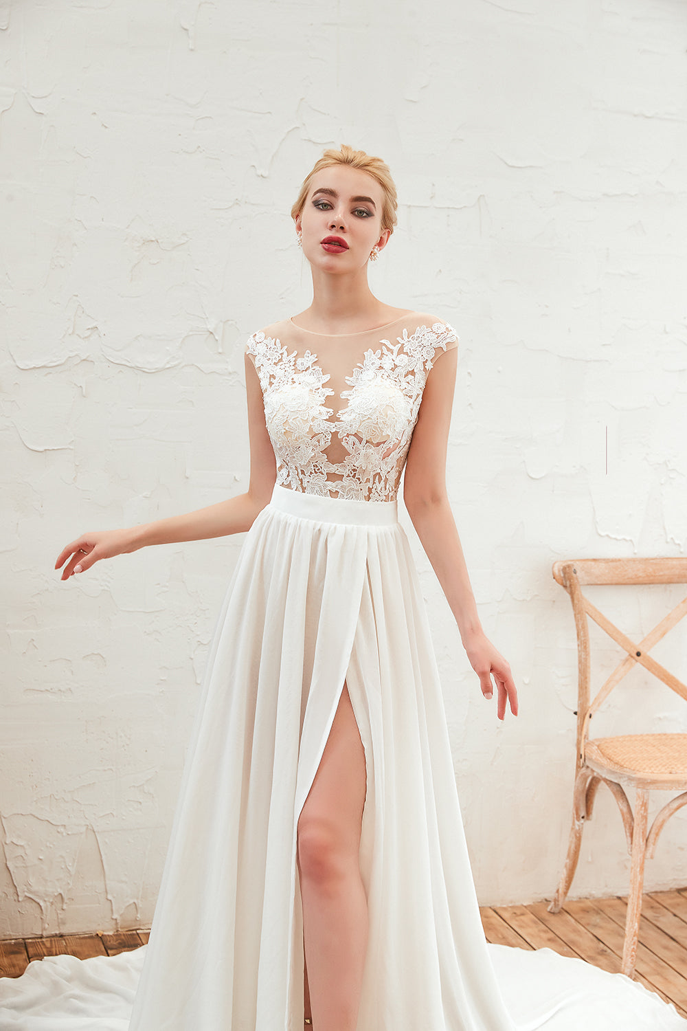 Bateau Neck A-Line Chiffon Wedding Dress with Lace Appliques, Ruffles, and Slit