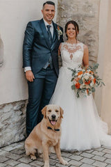 Bateau Neck Sleeveless A-Line Tulle Wedding Dress with Lace