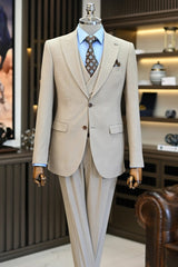 Beacher Light Khaki Peaked Lapel Three Pieces Business Men Suits