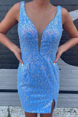 Beaded Light Blue Sequins Bodycon Homecoming Dress