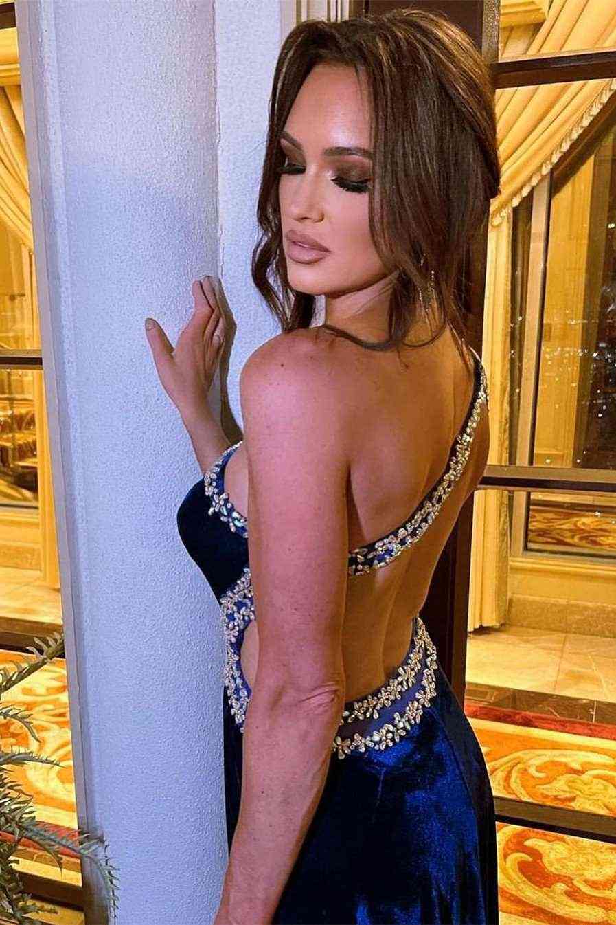 Beaded One Shoulder Black Velvet Long Formal Dress