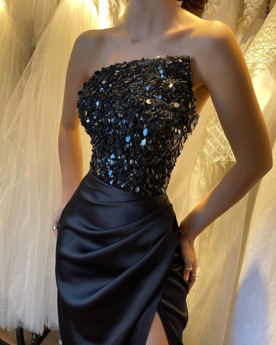Beautiful Black Sequins Sleeveless Strapless Prom Dress with High Slit