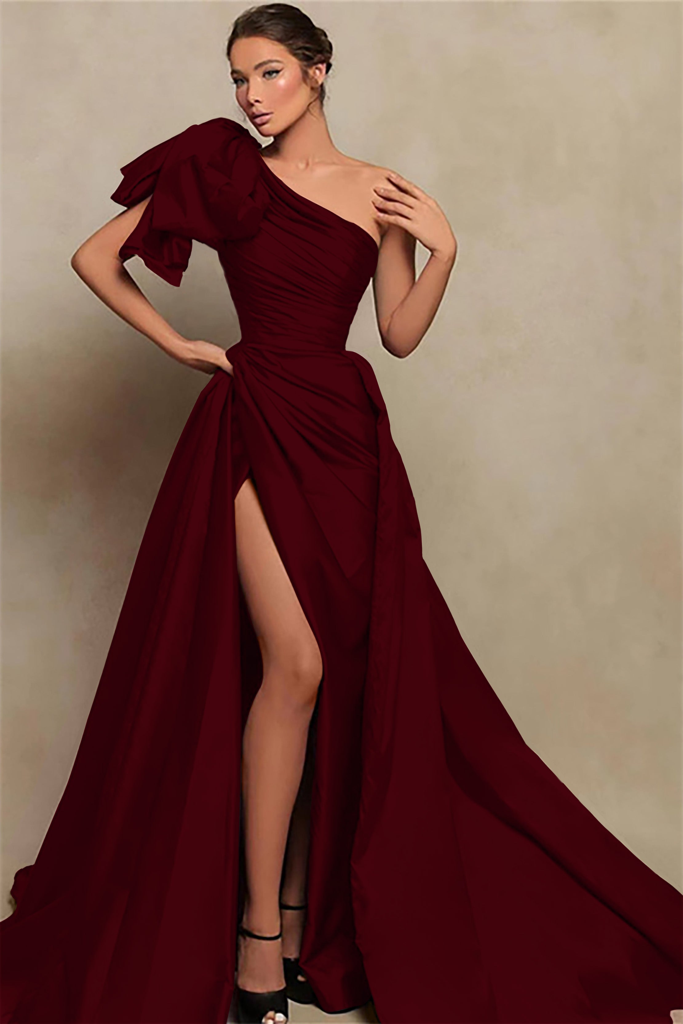 Beautiful Burgundy One Shoulder Mermaid Prom Dress with Split