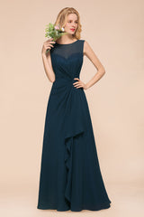 Beautiful Chiffon Jewel Ruffle Navy Affordable Bridesmaid Dresses Online-Babyonlines