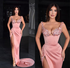 Beautiful Pink Satin Prom Dress with Sequins, Spaghetti Strap and Split