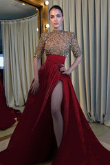 Elegant Half Sleeve Long Prom Dress with High Slit