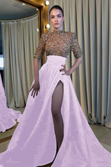 Elegant Half Sleeve Long Prom Dress with High Slit