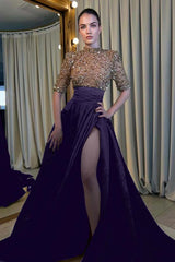Elegant Half Sleeve Long Prom Dress with High Slit