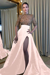 Elegant Half Sleeve Long Prom Dress with High Slit