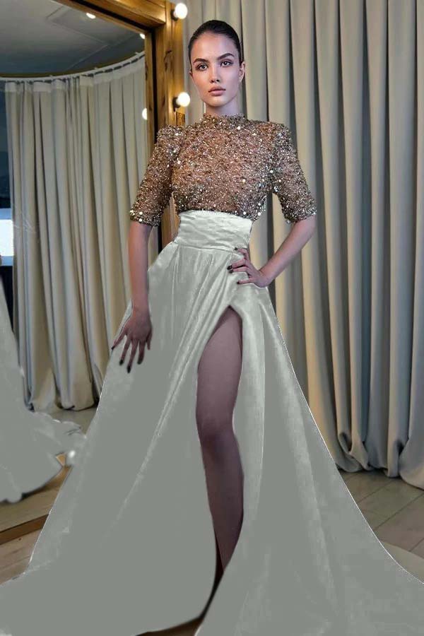 Elegant Half Sleeve Long Prom Dress with High Slit