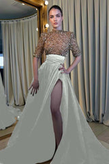 Elegant Half Sleeve Long Prom Dress with High Slit
