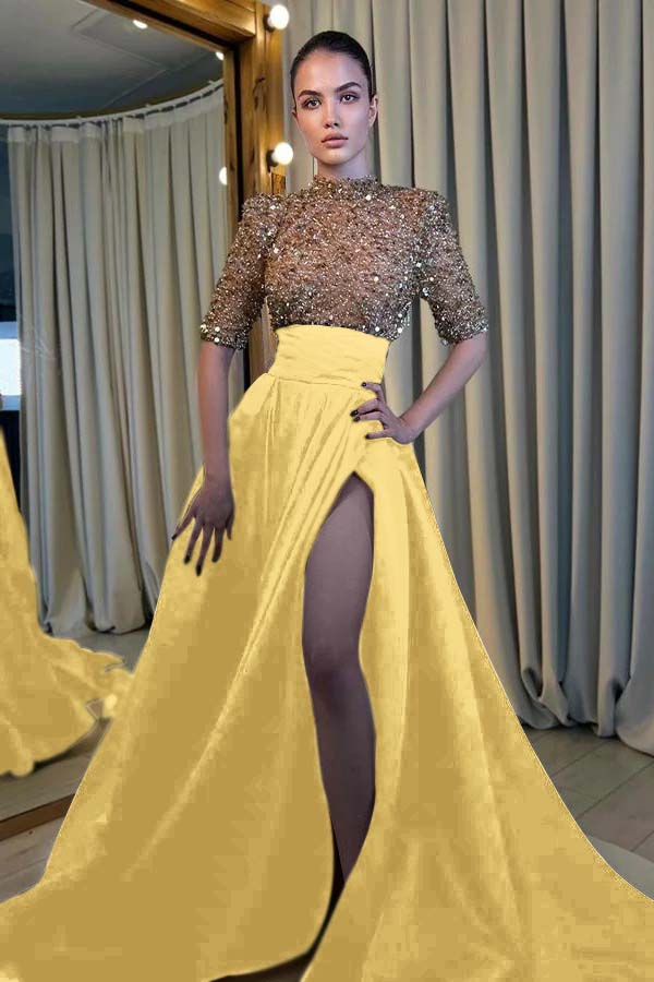 Elegant Half Sleeve Long Prom Dress with High Slit