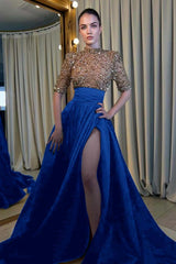 Elegant Half Sleeve Long Prom Dress with High Slit