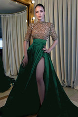 Elegant Half Sleeve Long Prom Dress with High Slit