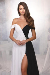 Black and White Off the Shoulder Long Prom Dress with Beading and Front Split