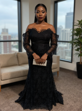 Elegant Black Long Sleeves Mermaid Lace Evening Formal Dresses