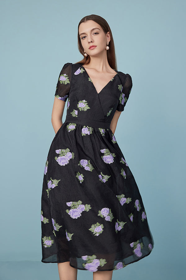 Babyonlines Black Floral V-neck Short Sleeves A-line Dresses