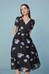 Babyonlines Black Floral V-neck Short Sleeves A-line Dresses