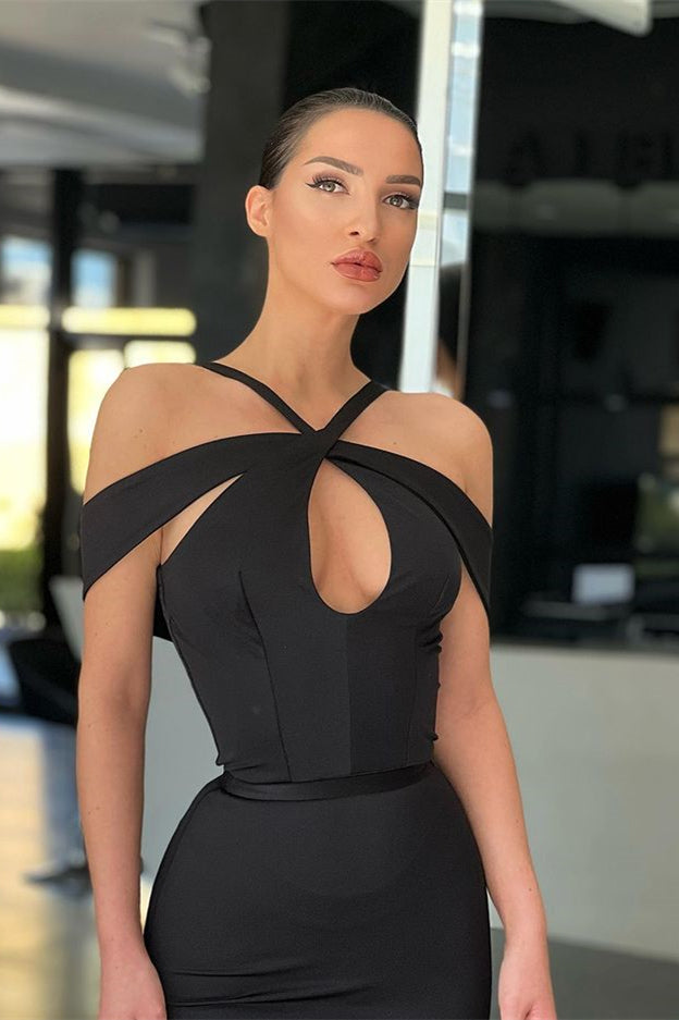 Black Halter Off the Shoulder Mermaid Long Prom Dress with Pleats